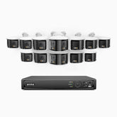 FDH800 - 4K 16 Kanal PoE Panorama Überwachungskamera-Set mit 12 Kameras, zwei Objektiven, 180° Ultraweitwinkel, intelligenter Dual-Licht-Nachtsicht, Zwei-Wege-Audio, aktivem Sirenenton & Alarm, Personen- & Fahrzeugerkennung, IP67
